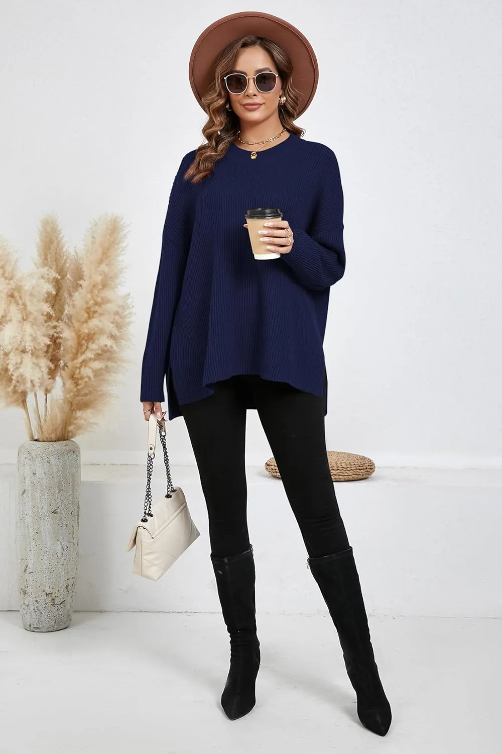 Women's Batwing Long Sleeve Oversized Sweaters Fall Loose Fit Knitted Side Slit Pullover Tops