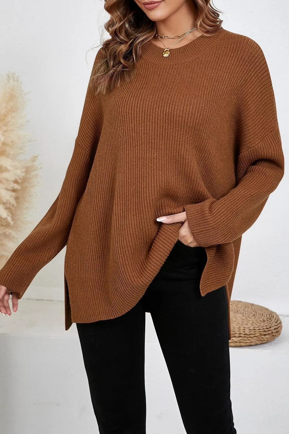 Women's Batwing Long Sleeve Oversized Sweaters Fall Loose Fit Knitted Side Slit Pullover Tops