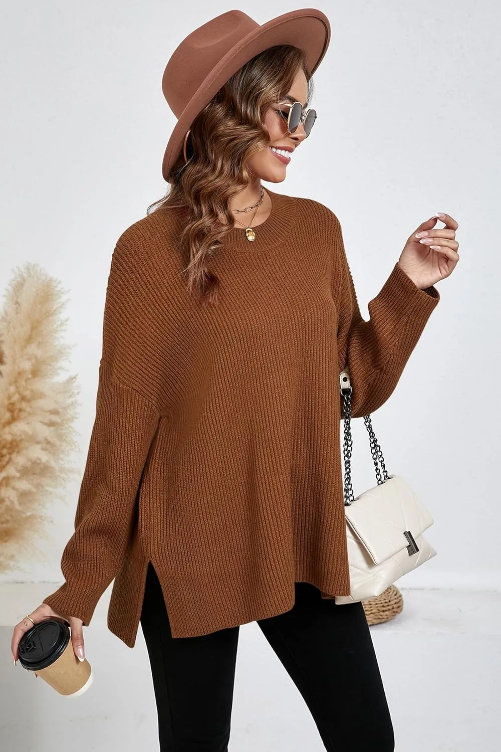 Women's Batwing Long Sleeve Oversized Sweaters Fall Loose Fit Knitted Side Slit Pullover Tops