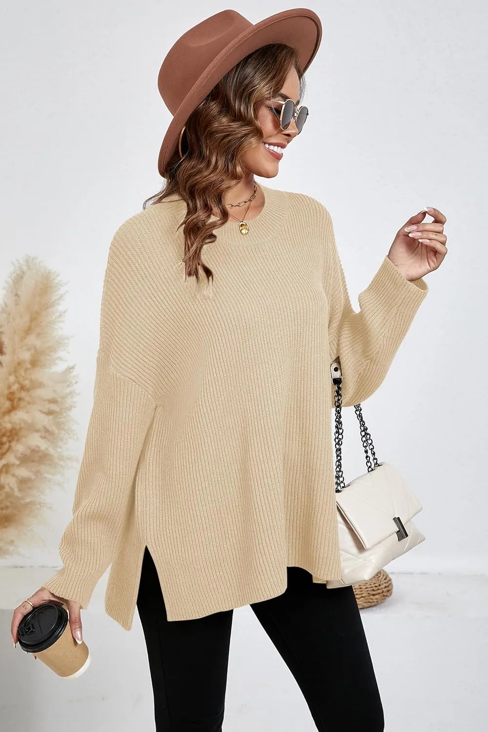 Women's Batwing Long Sleeve Oversized Sweaters Fall Loose Fit Knitted Side Slit Pullover Tops