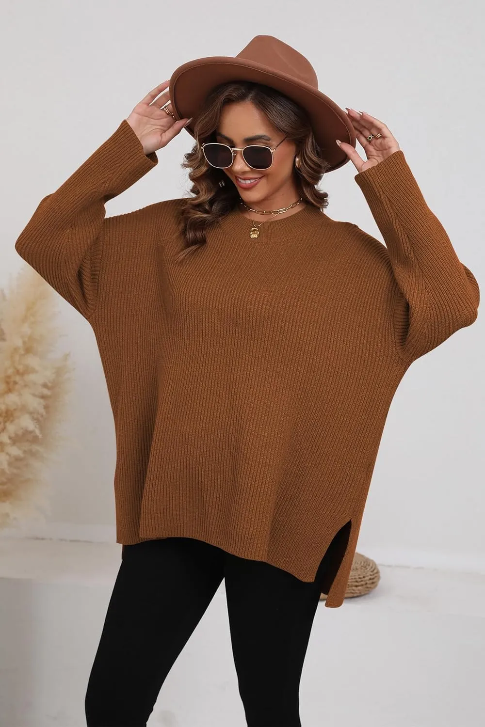 Women's Batwing Long Sleeve Oversized Sweaters Fall Loose Fit Knitted Side Slit Pullover Tops