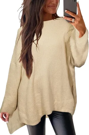 Women's Batwing Long Sleeve Oversized Sweaters Fall Loose Fit Knitted Side Slit Pullover Tops