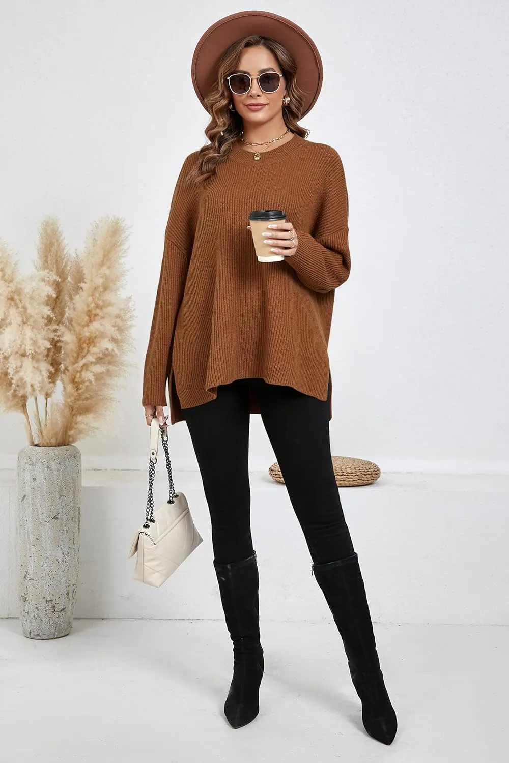 Women's Batwing Long Sleeve Oversized Sweaters Fall Loose Fit Knitted Side Slit Pullover Tops