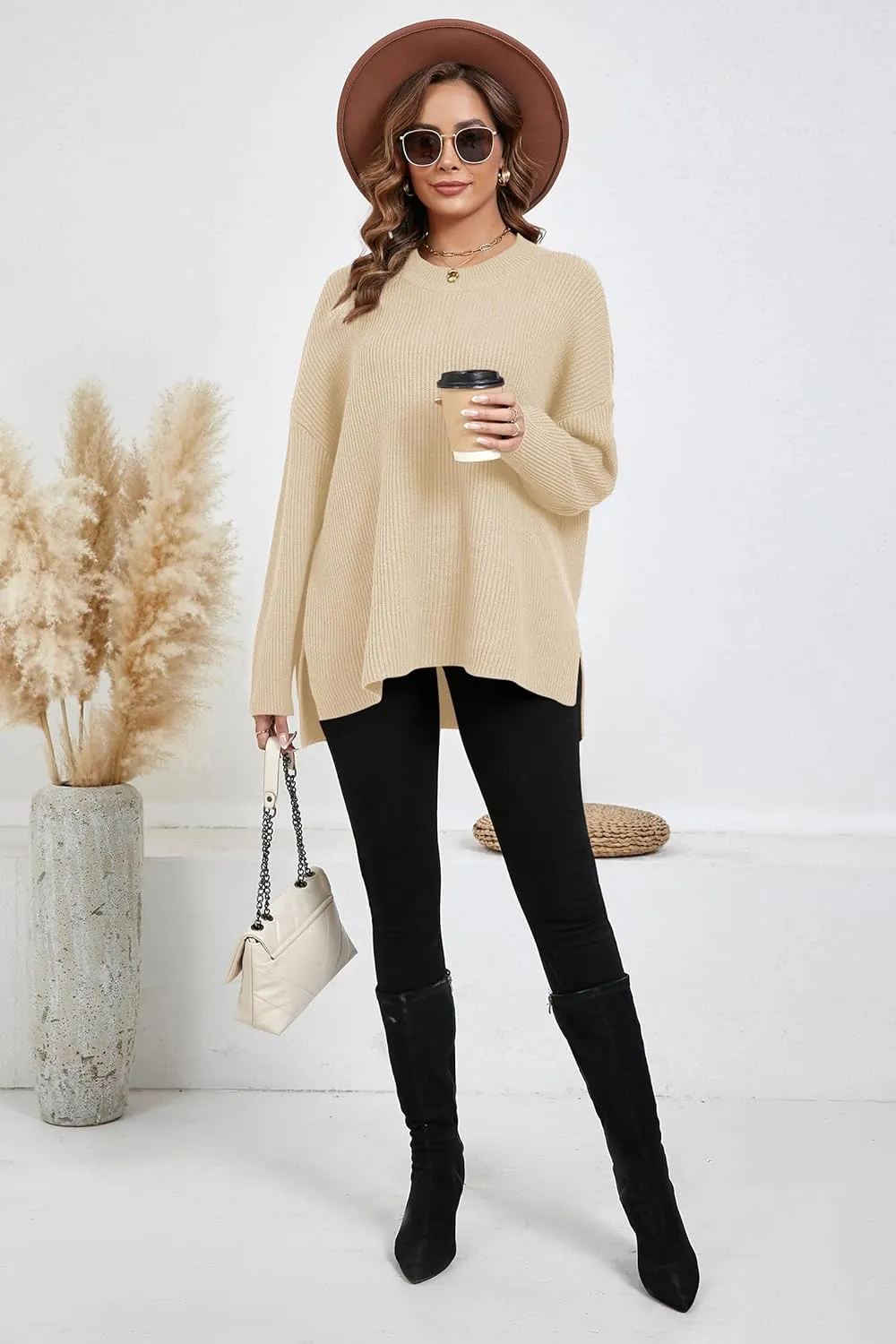 Women's Batwing Long Sleeve Oversized Sweaters Fall Loose Fit Knitted Side Slit Pullover Tops