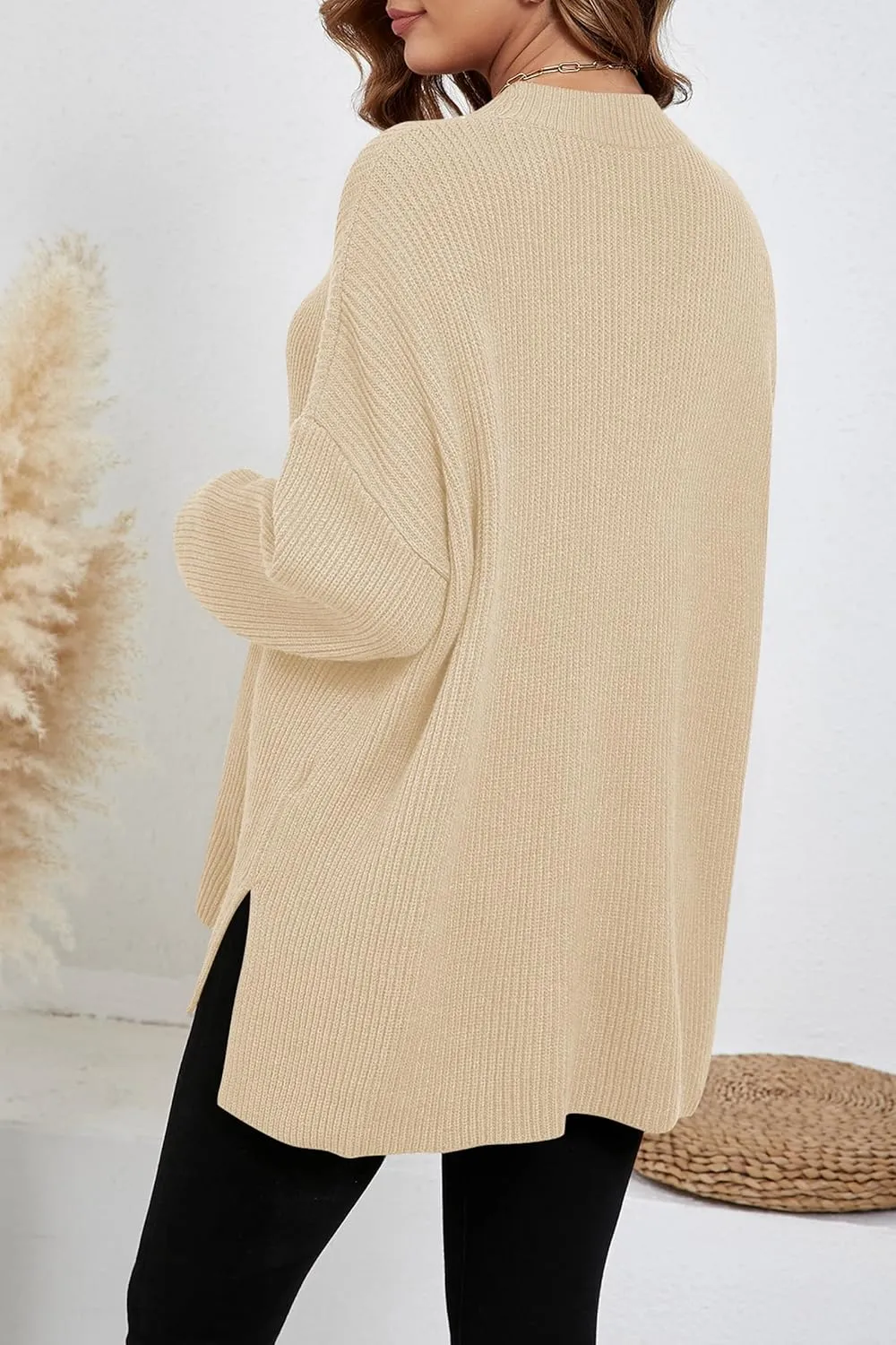 Women's Batwing Long Sleeve Oversized Sweaters Fall Loose Fit Knitted Side Slit Pullover Tops