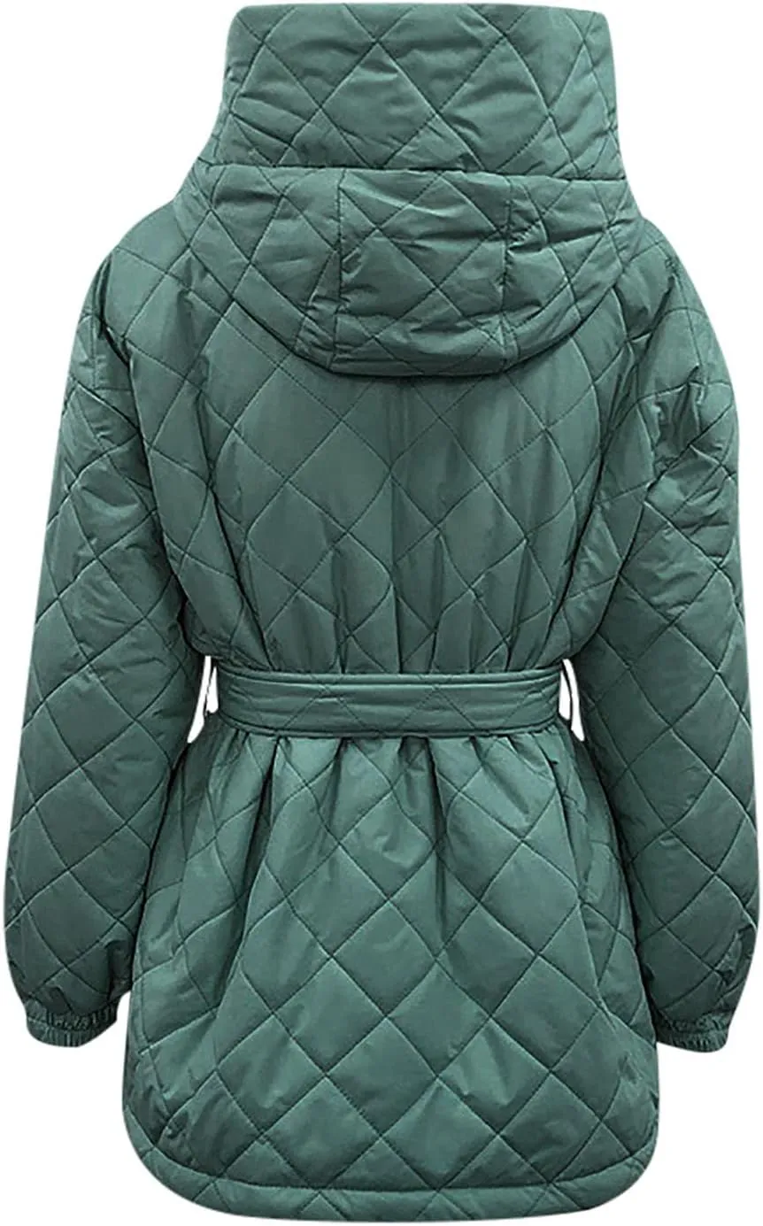 Women's Belted Quilted Puffer Jackets 2024 Trendy Down Coats With Hood Winter Warm Lightweight Outfits with Pockets