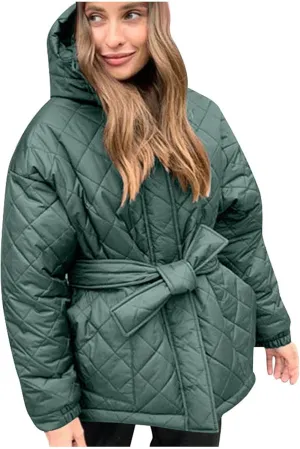 Women's Belted Quilted Puffer Jackets 2024 Trendy Down Coats With Hood Winter Warm Lightweight Outfits with Pockets