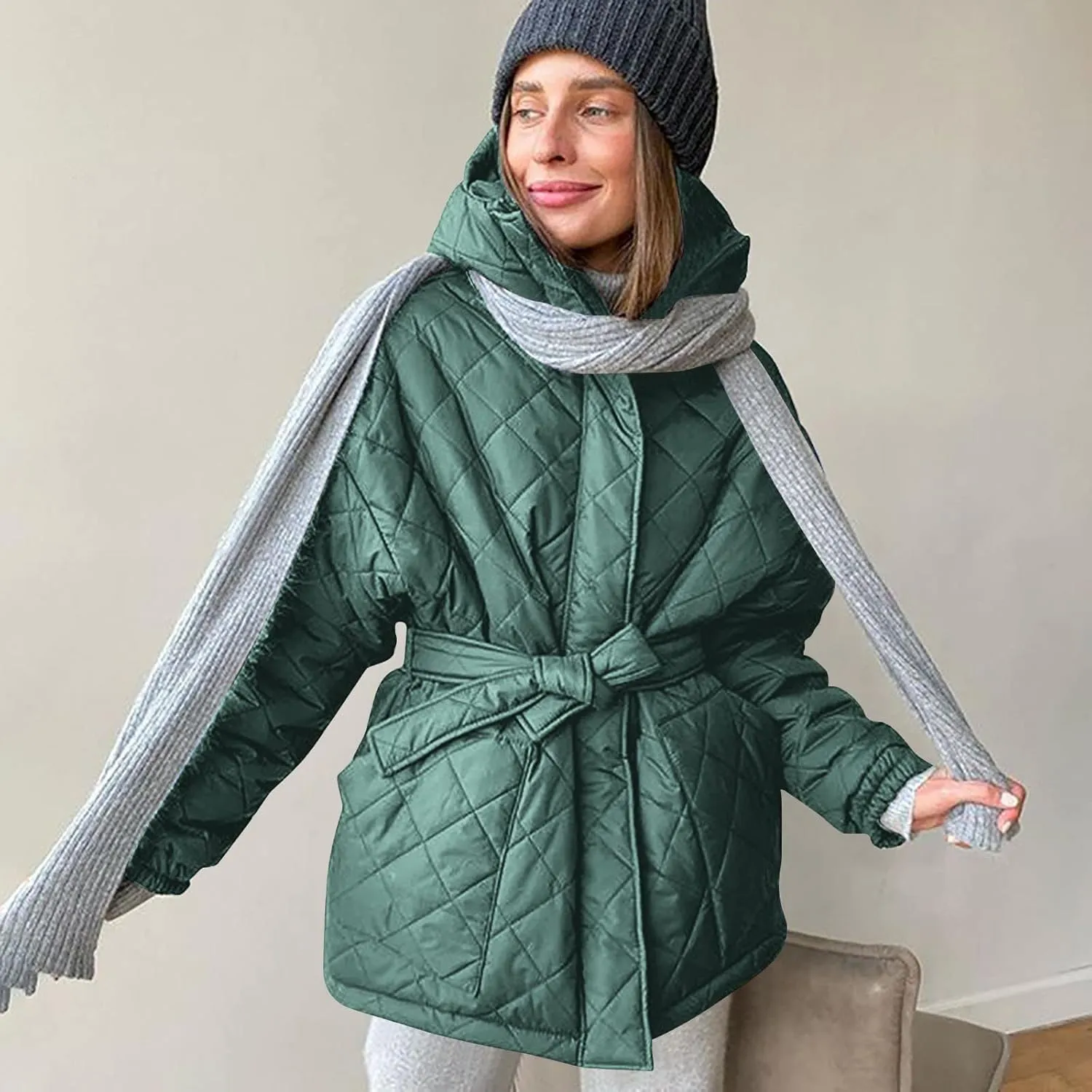 Women's Belted Quilted Puffer Jackets 2024 Trendy Down Coats With Hood Winter Warm Lightweight Outfits with Pockets