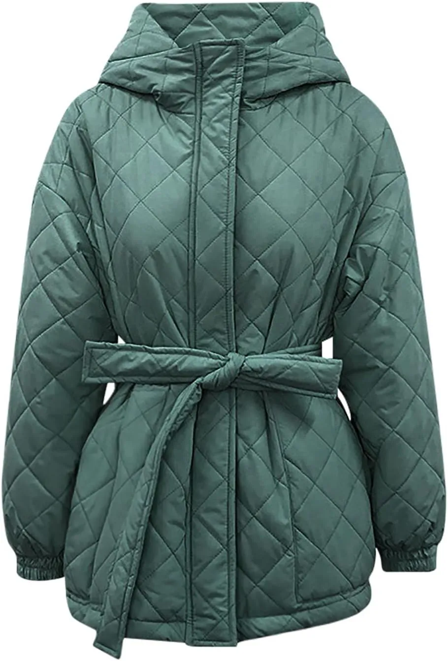 Women's Belted Quilted Puffer Jackets 2024 Trendy Down Coats With Hood Winter Warm Lightweight Outfits with Pockets