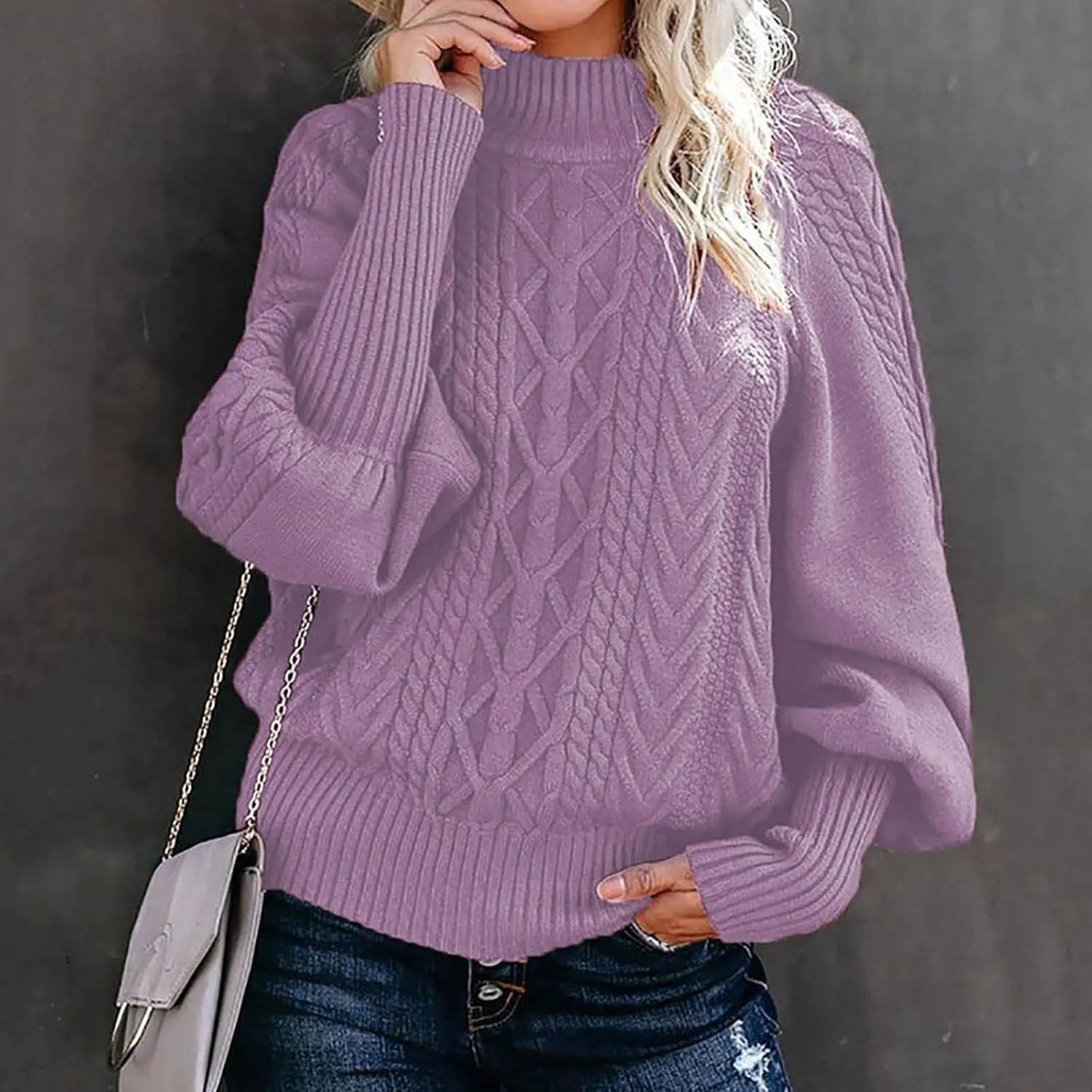 Women's Cable Knit Batwing Long Sleeve Sweaters Solid Color Crew Neck Loose Fit Jumper Tops Casual Fashion Pullover