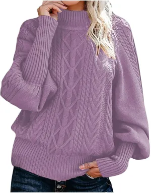 Women's Cable Knit Batwing Long Sleeve Sweaters Solid Color Crew Neck Loose Fit Jumper Tops Casual Fashion Pullover