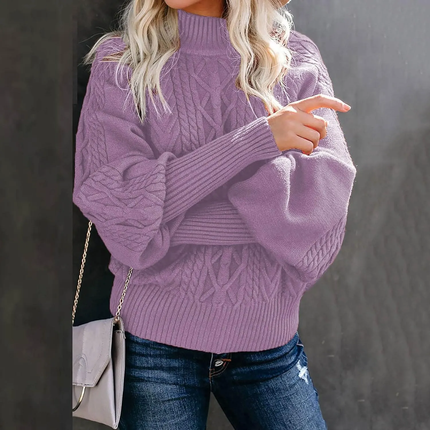 Women's Cable Knit Batwing Long Sleeve Sweaters Solid Color Crew Neck Loose Fit Jumper Tops Casual Fashion Pullover