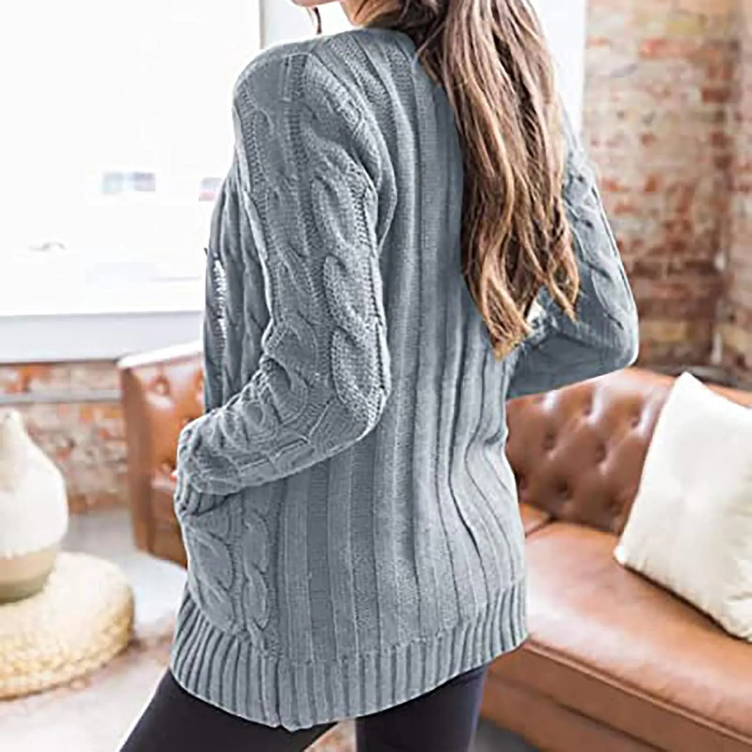 Women's Cable Knit Sweaters Long Cardigan Button Down Winter Clothes 2022 Drop Shoulder Knit Outerwear with Pockets