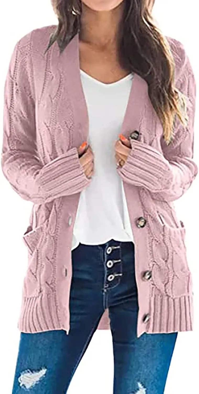 Women's Cable Knit Sweaters Long Cardigan Button Down Winter Clothes 2022 Drop Shoulder Knit Outerwear with Pockets