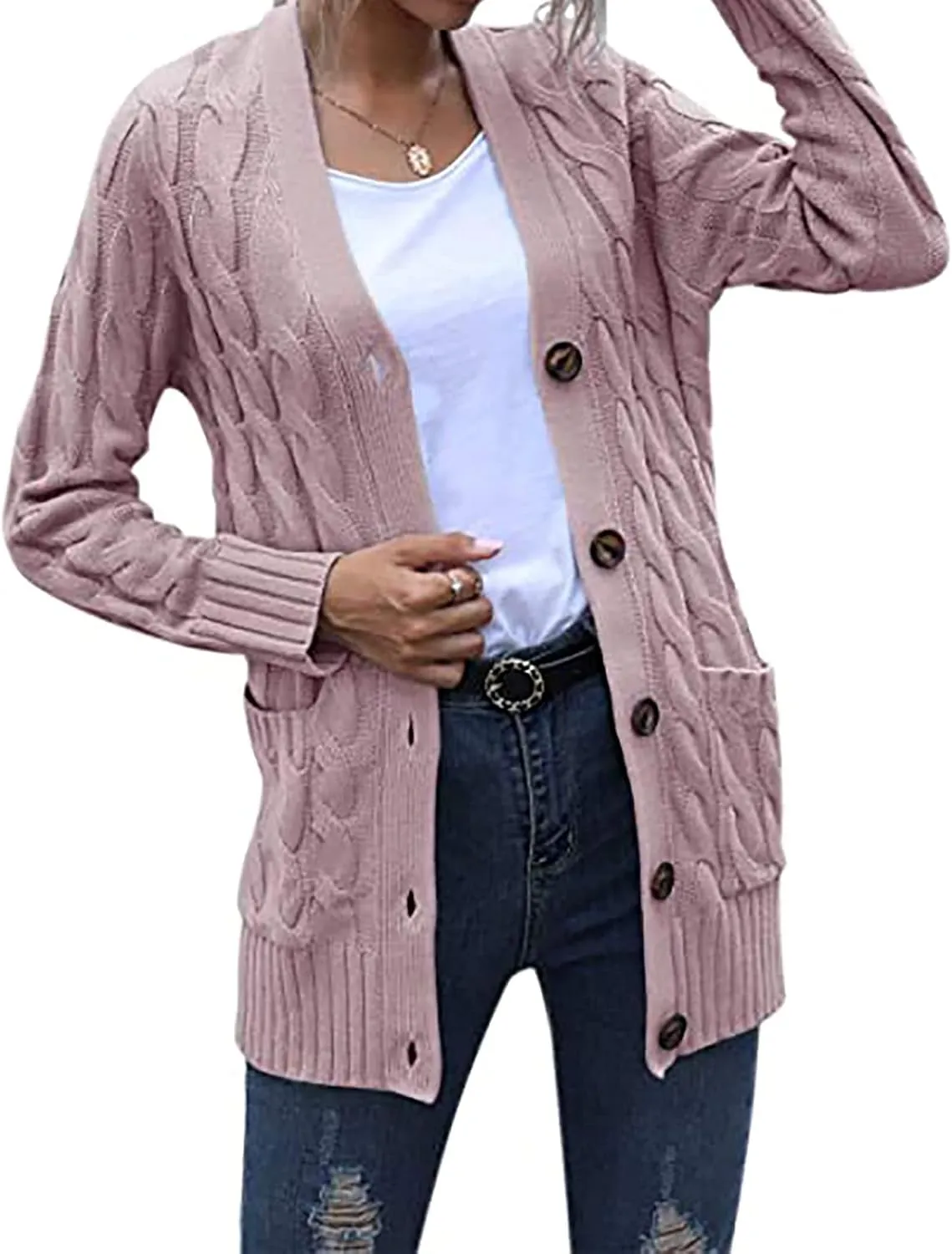Women's Cable Knit Sweaters Long Cardigan Button Down Winter Clothes 2022 Drop Shoulder Knit Outerwear with Pockets