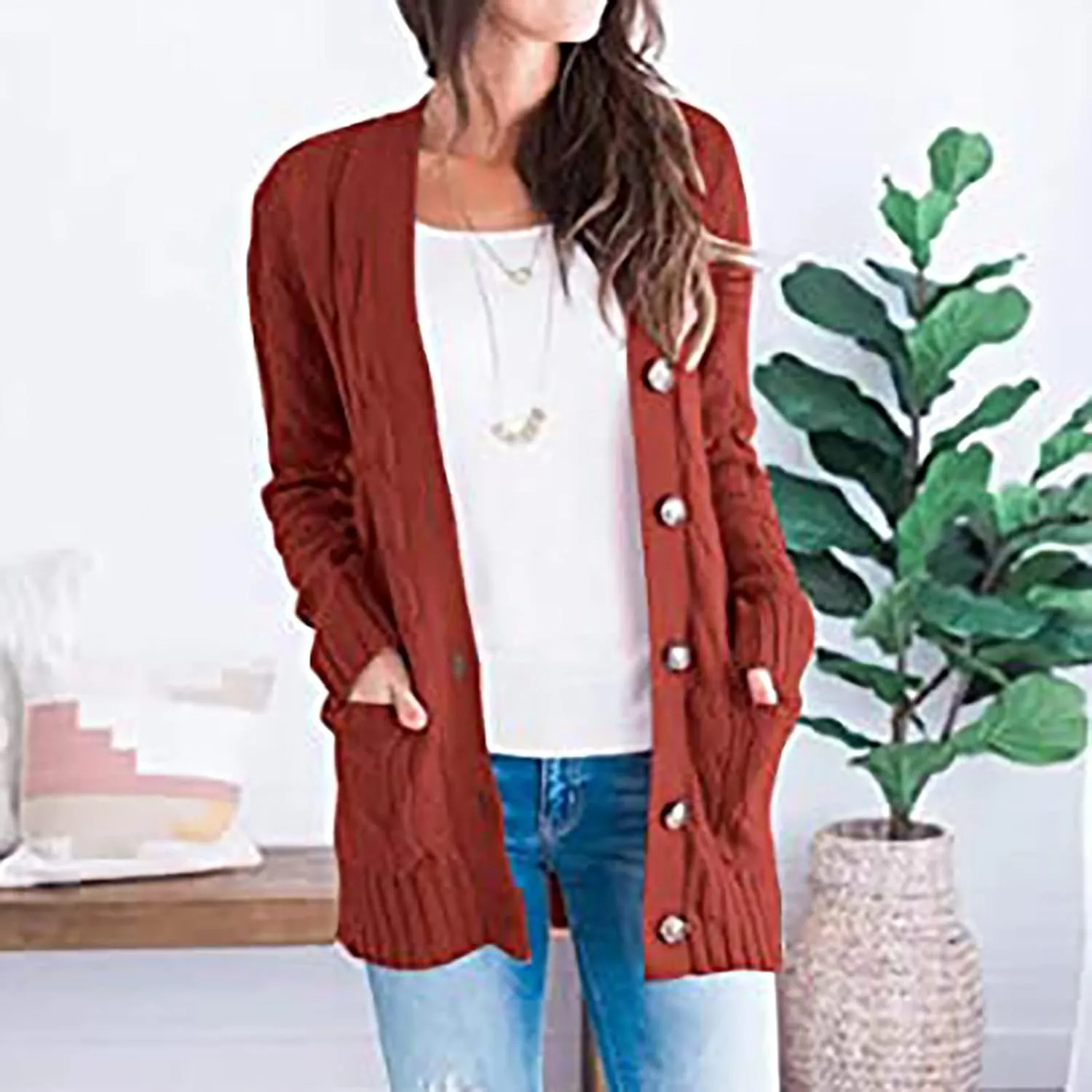 Women's Cable Knit Sweaters Long Cardigan Button Down Winter Clothes 2022 Drop Shoulder Knit Outerwear with Pockets