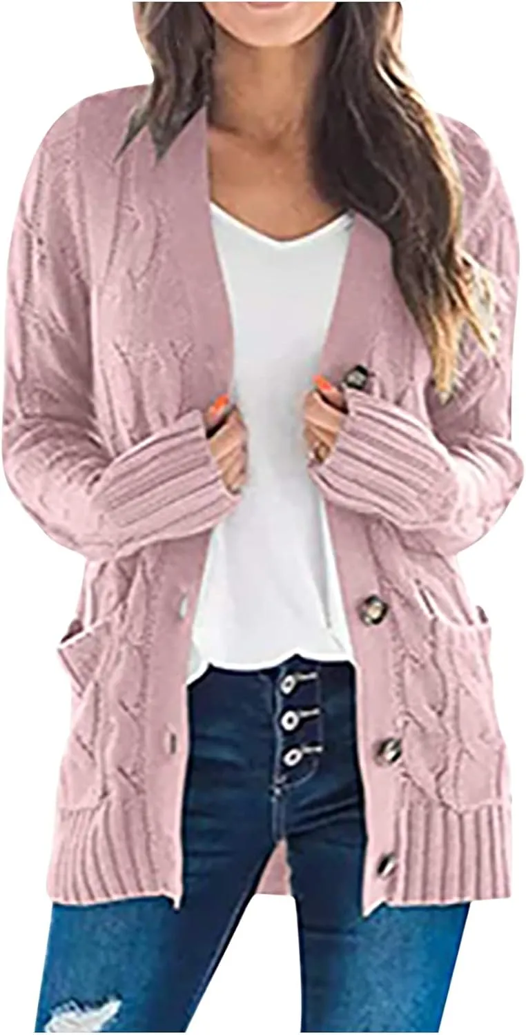 Women's Cable Knit Sweaters Long Cardigan Button Down Winter Clothes 2022 Drop Shoulder Knit Outerwear with Pockets