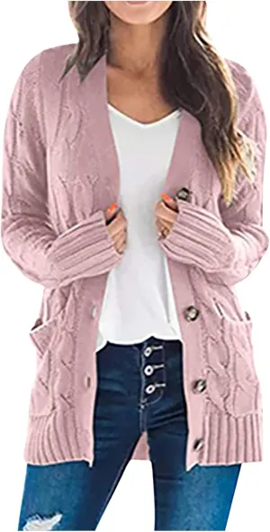 Women's Cable Knit Sweaters Long Cardigan Button Down Winter Clothes 2022 Drop Shoulder Knit Outerwear with Pockets