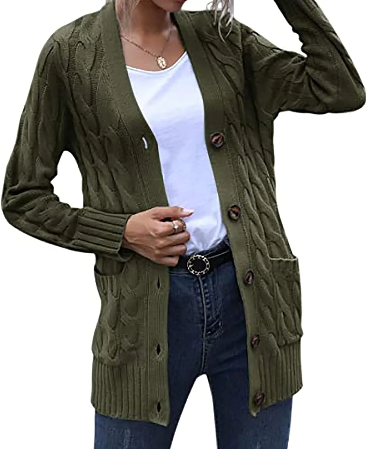 Women's Cable Knit Sweaters Long Cardigan Button Down Winter Clothes 2022 Drop Shoulder Knit Outerwear with Pockets