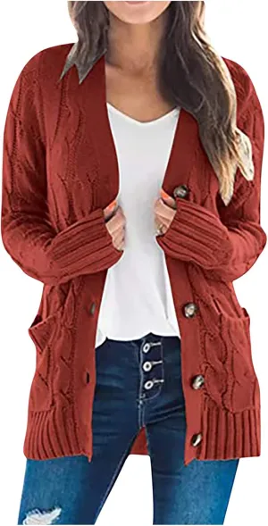Women's Cable Knit Sweaters Long Cardigan Button Down Winter Clothes 2022 Drop Shoulder Knit Outerwear with Pockets