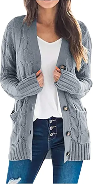 Women's Cable Knit Sweaters Long Cardigan Button Down Winter Clothes 2022 Drop Shoulder Knit Outerwear with Pockets