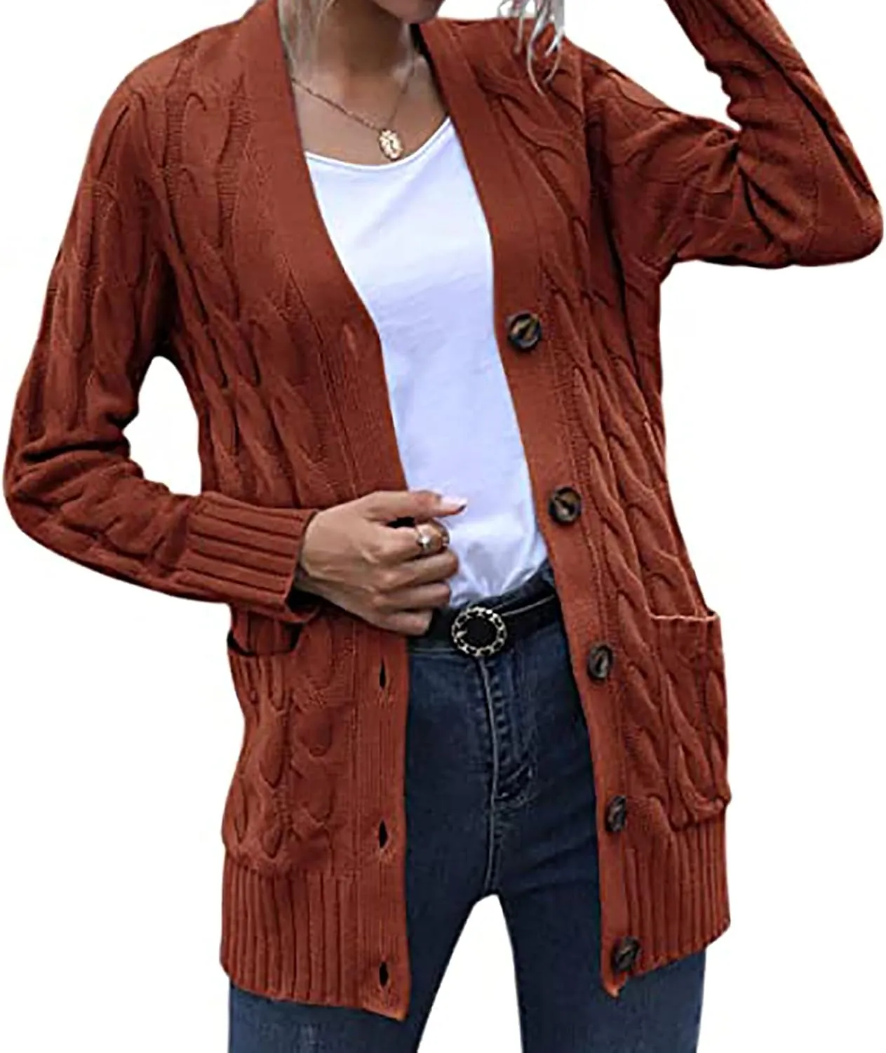 Women's Cable Knit Sweaters Long Cardigan Button Down Winter Clothes 2022 Drop Shoulder Knit Outerwear with Pockets