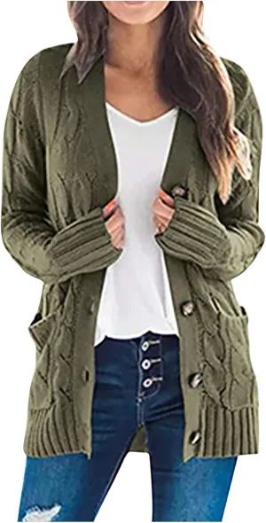 Women's Cable Knit Sweaters Long Cardigan Button Down Winter Clothes 2022 Drop Shoulder Knit Outerwear with Pockets