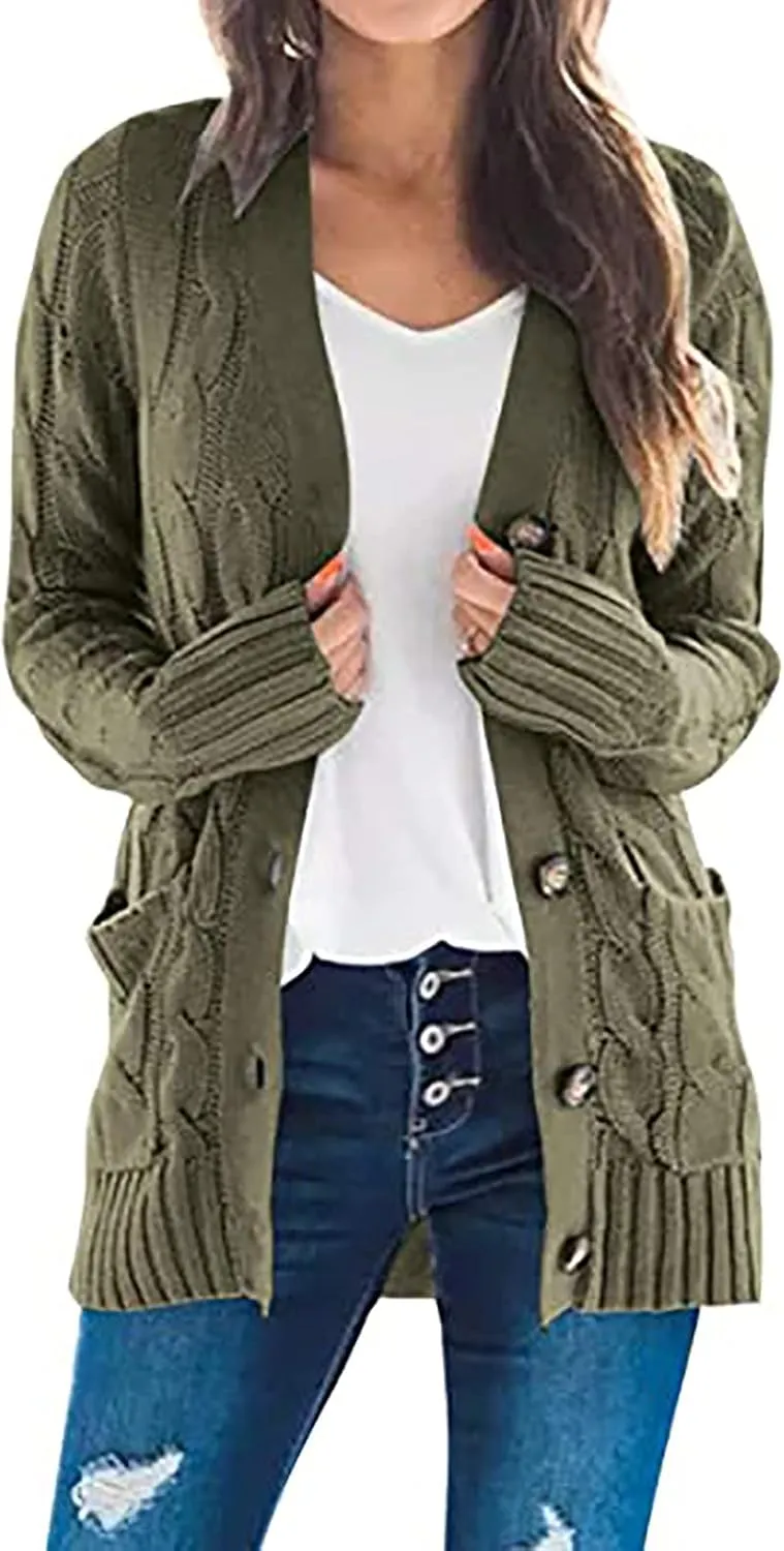 Women's Cable Knit Sweaters Long Cardigan Button Down Winter Clothes 2022 Drop Shoulder Knit Outerwear with Pockets