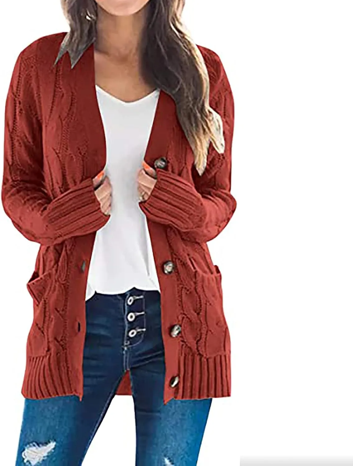 Women's Cable Knit Sweaters Long Cardigan Button Down Winter Clothes 2022 Drop Shoulder Knit Outerwear with Pockets