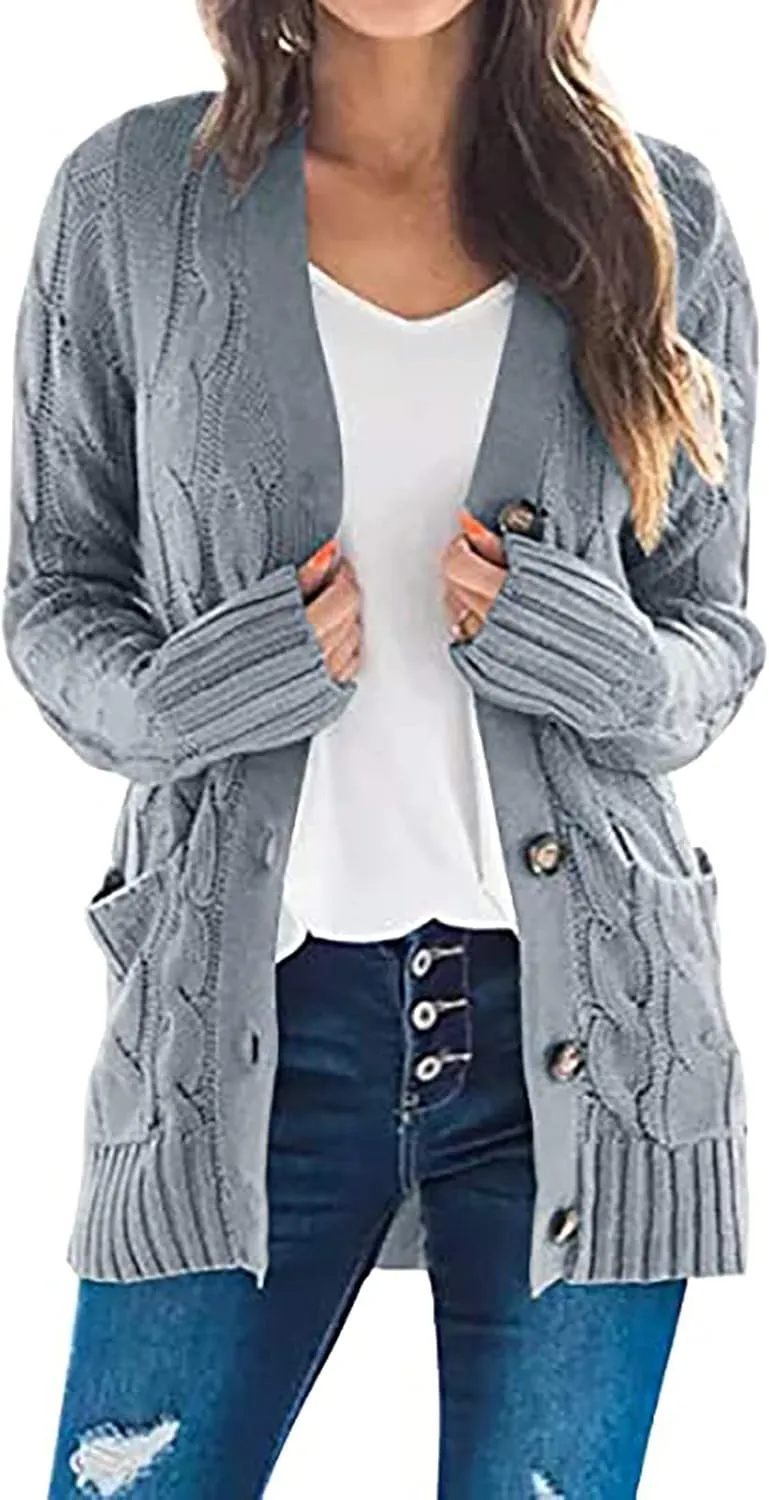 Women's Cable Knit Sweaters Long Cardigan Button Down Winter Clothes 2022 Drop Shoulder Knit Outerwear with Pockets