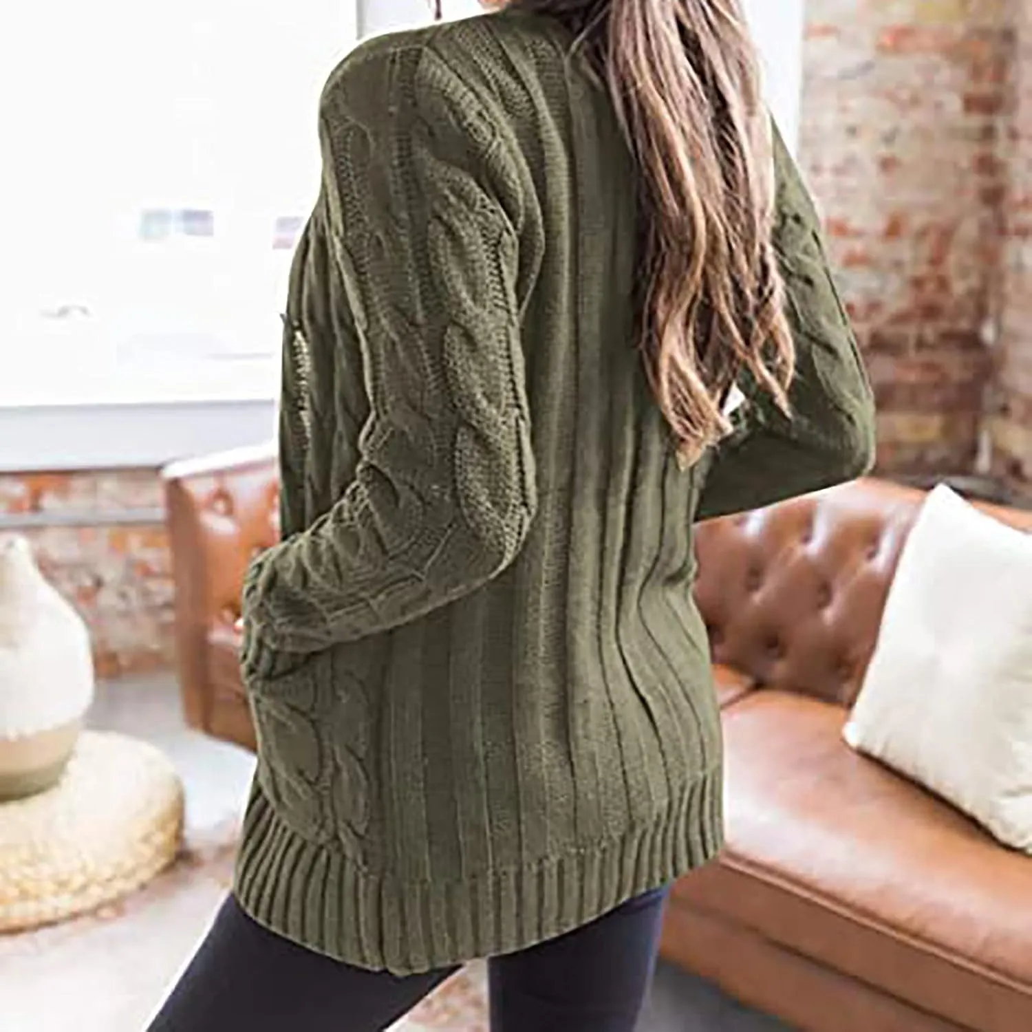 Women's Cable Knit Sweaters Long Cardigan Button Down Winter Clothes 2022 Drop Shoulder Knit Outerwear with Pockets