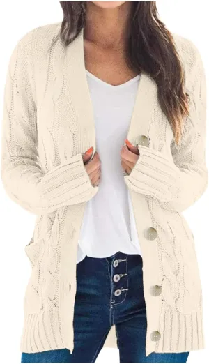 Womens Cardigan Sweaters Dressy Casual Long Sleeve Cable Knit Sweater Open Front Cardigan Button Loose Coat