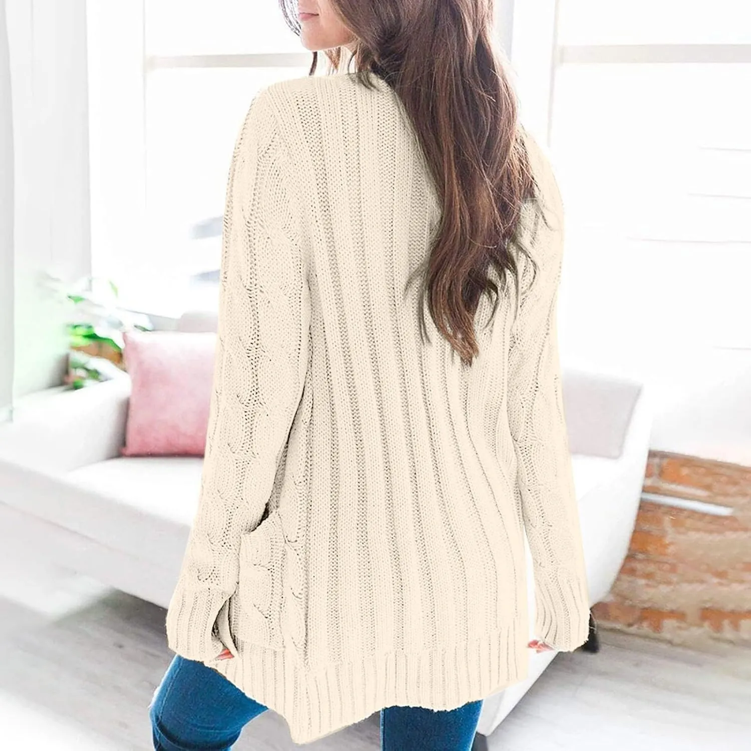 Womens Cardigan Sweaters Dressy Casual Long Sleeve Cable Knit Sweater Open Front Cardigan Button Loose Coat