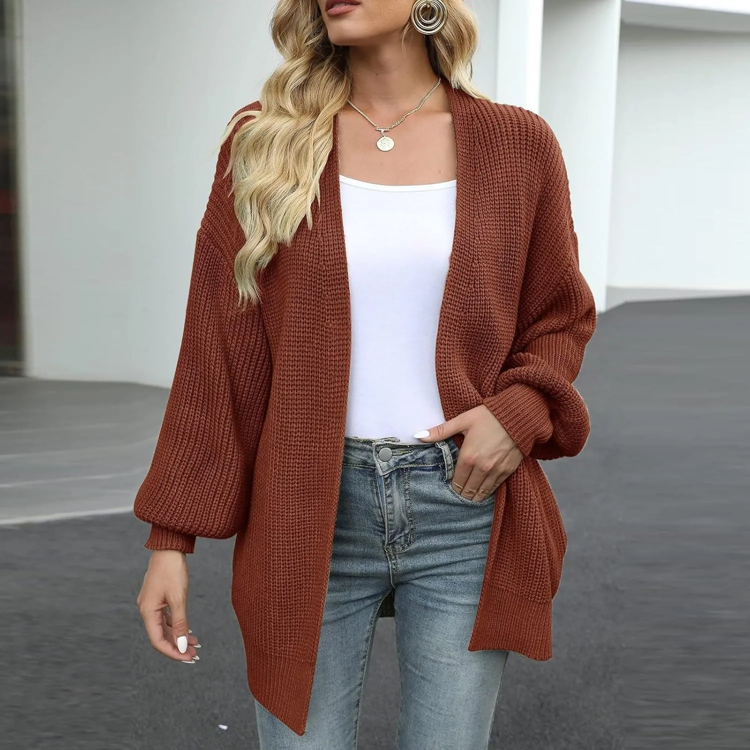 Womens Cardigan Sweaters Long Sleeve Chunky Open Front Cardigan Oversized Cable Knit Sweaters with Pockets