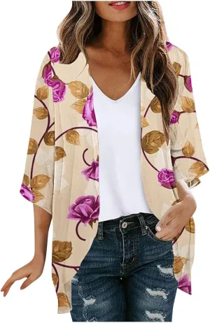 Womens Cardigan Trendy Floral 3/4 Sleeve Kimono Lightweight Open Front Cardigans Summer Beach Cover Ups
