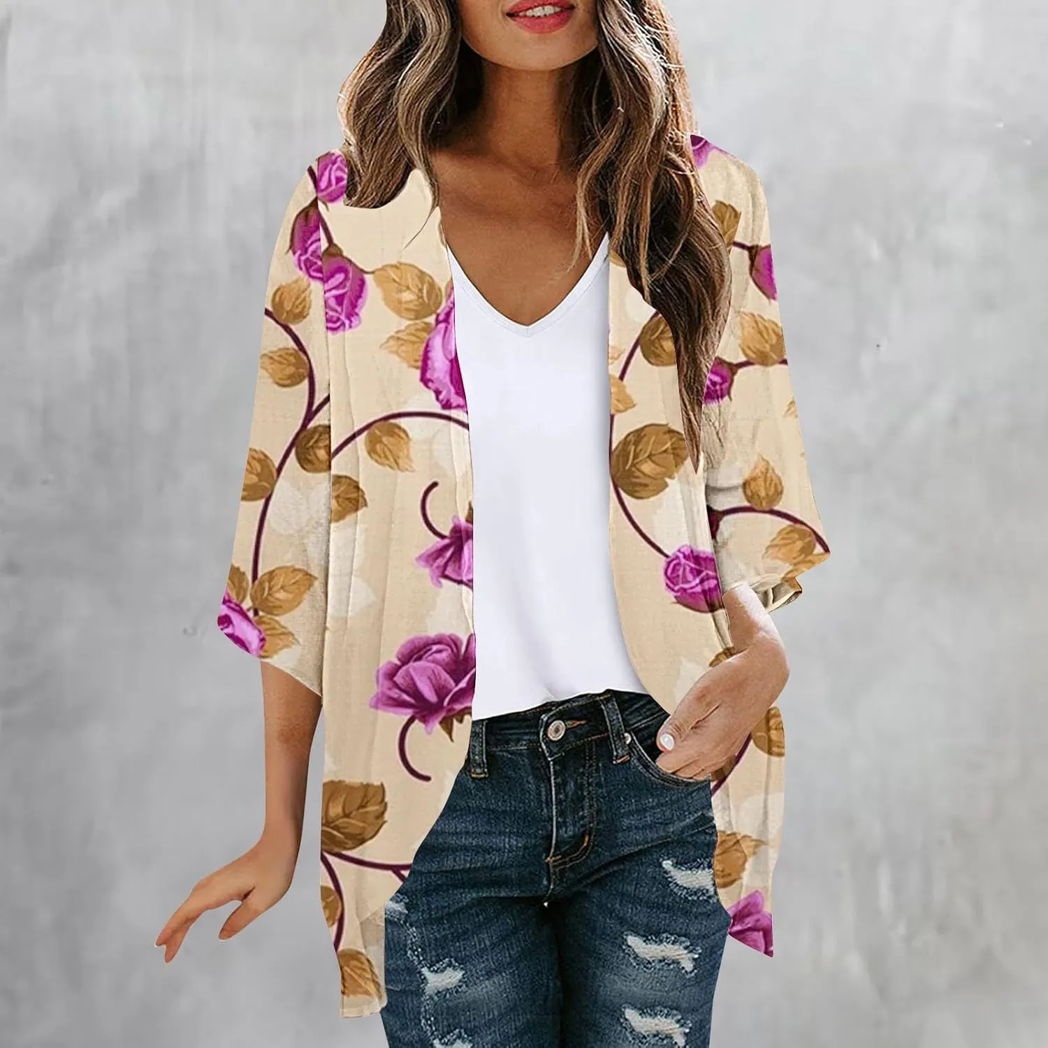 Womens Cardigan Trendy Floral 3/4 Sleeve Kimono Lightweight Open Front Cardigans Summer Beach Cover Ups