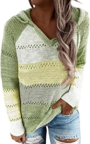 Womens Casual Hoodies Striped Color Block Sweatshirt Fall Sweater Long Sleeves Knit Tops