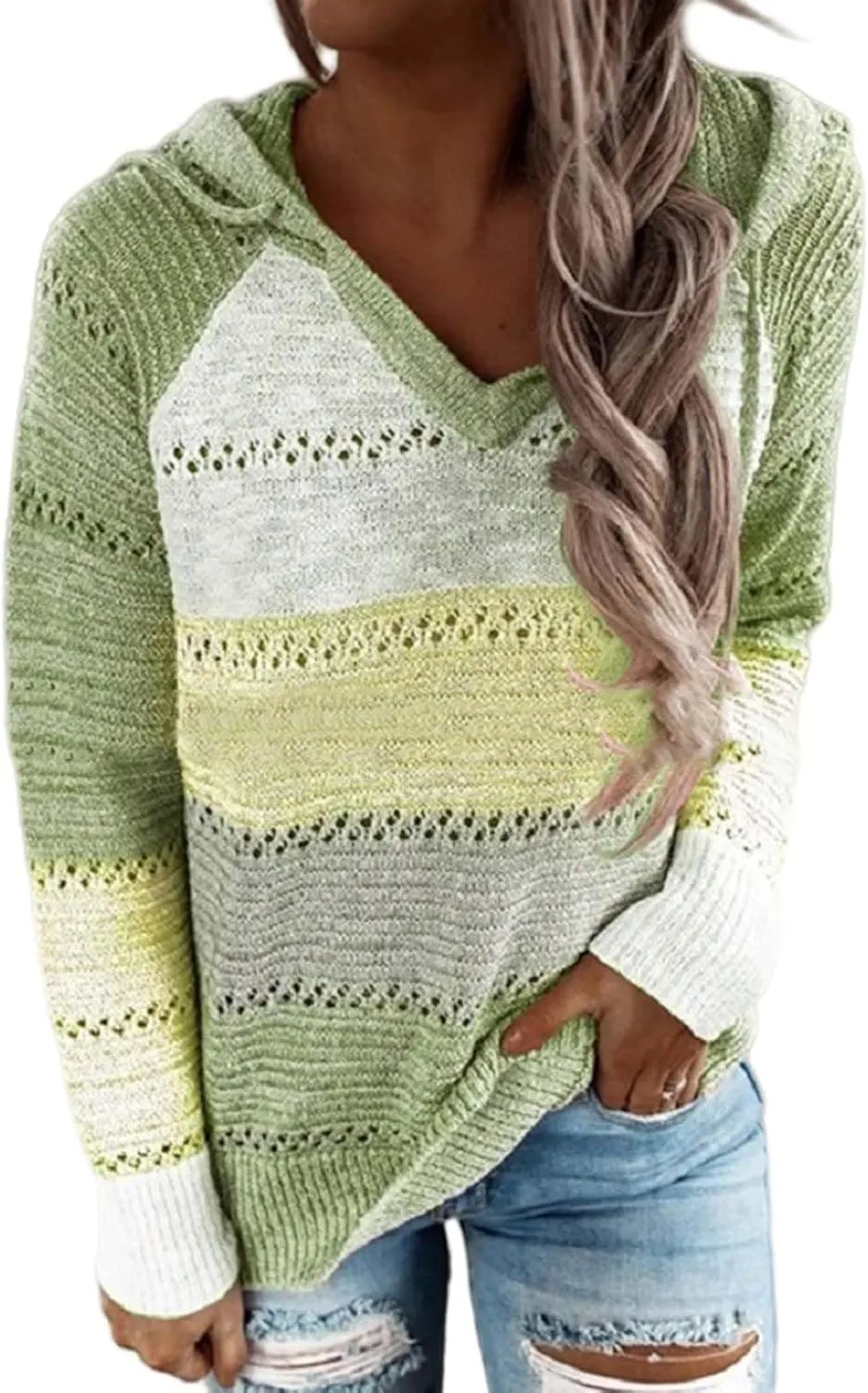 Womens Casual Hoodies Striped Color Block Sweatshirt Fall Sweater Long Sleeves Knit Tops