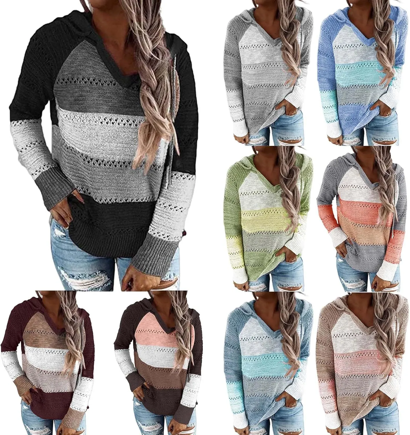 Womens Casual Hoodies Striped Color Block Sweatshirt Fall Sweater Long Sleeves Knit Tops