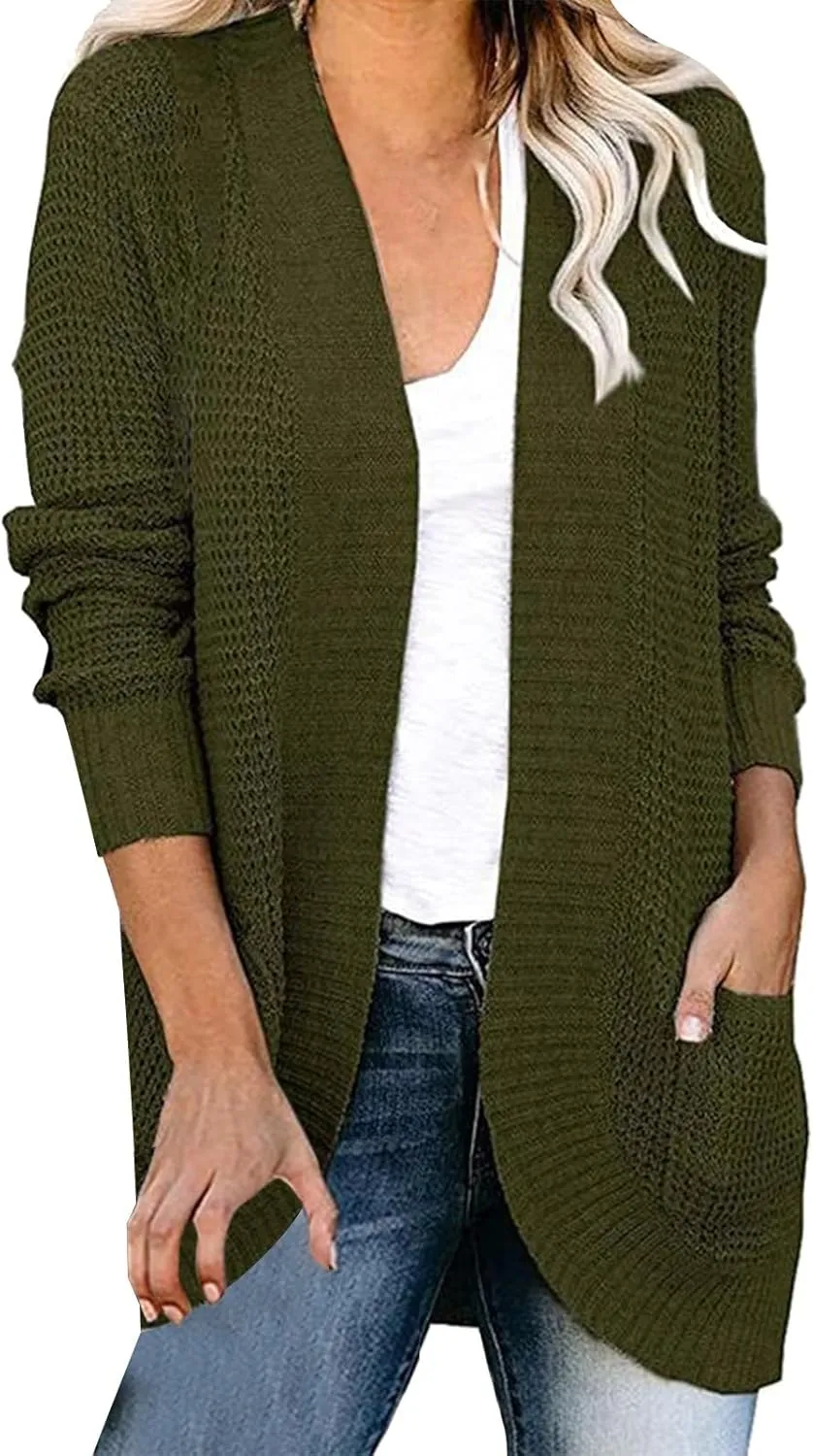 Womens Casual Lightweight Long Sleeve Cardigan Flowy Soft Open Front Knit Sweaters 2023 Fall Winter Waffle Knit Cardigan