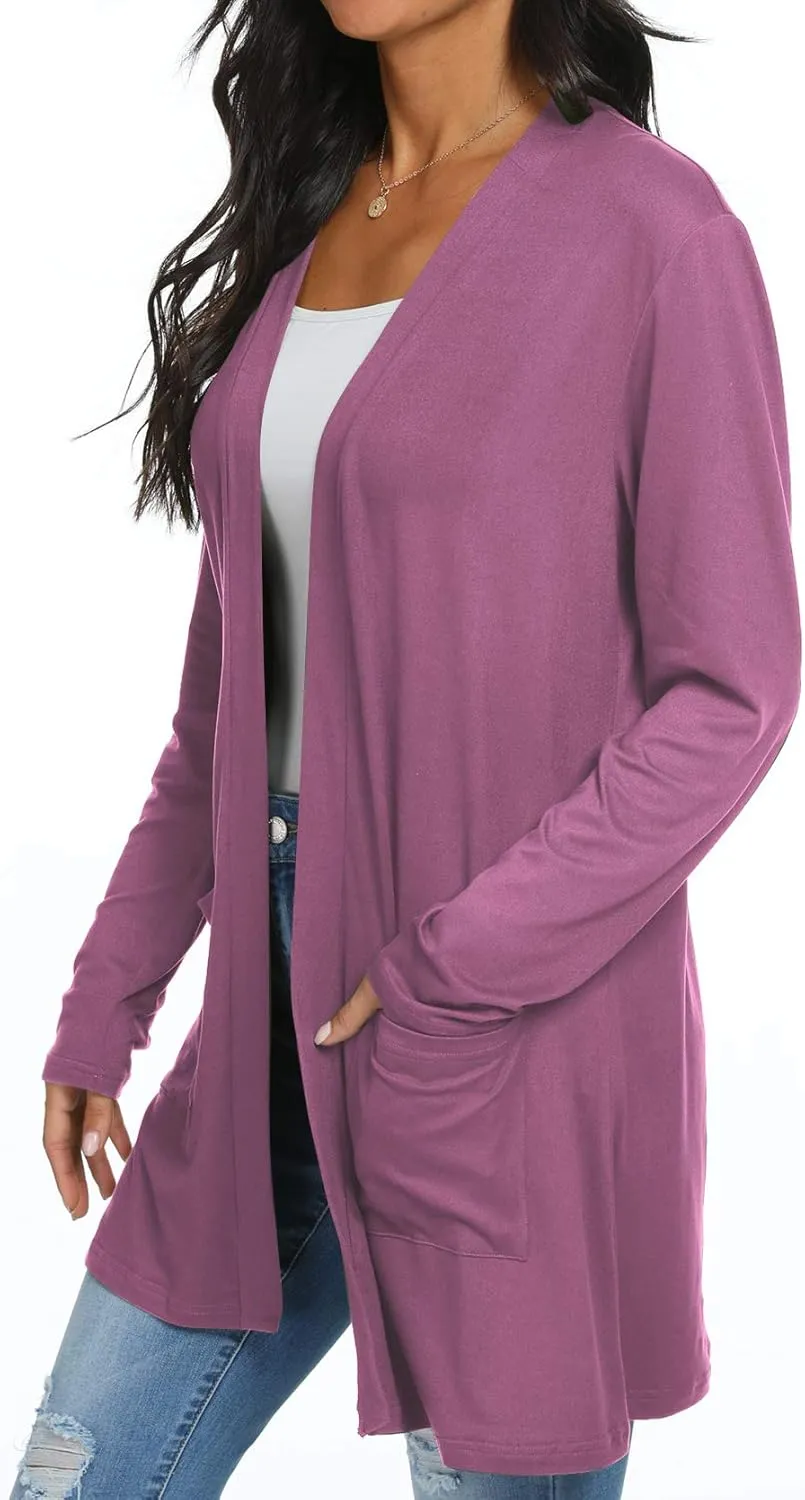 Womens Casual Lightweight with Pocketes Long Sleeve Open Front Cardigan
