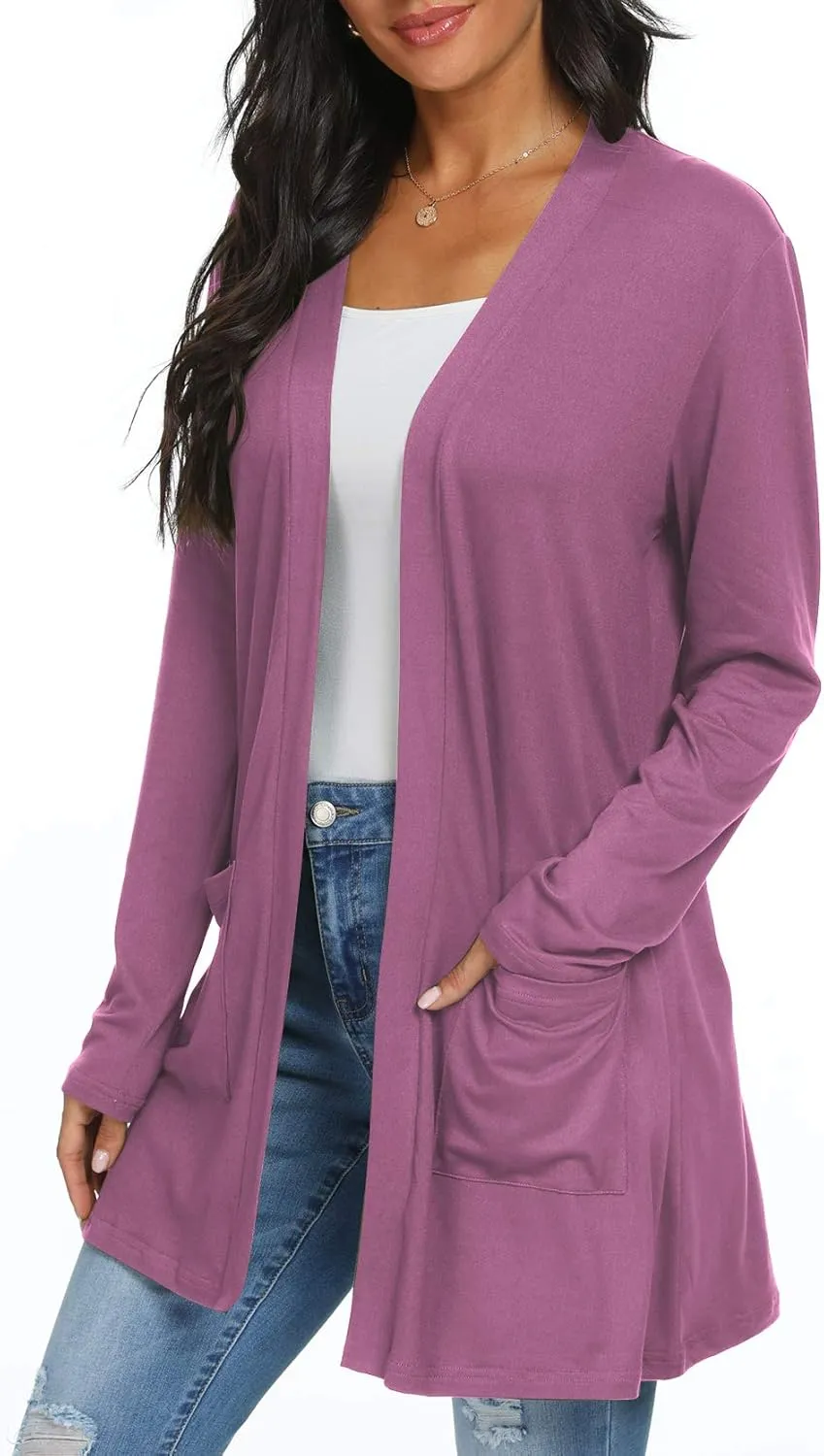 Womens Casual Lightweight with Pocketes Long Sleeve Open Front Cardigan