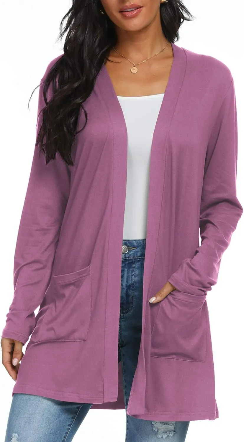 Womens Casual Lightweight with Pocketes Long Sleeve Open Front Cardigan