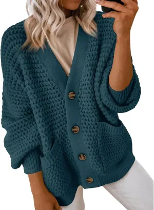 Womens Casual Long Sleeve Button Cardigan Sweaters Oversized Cable Knit Open Front Sweater Outwear Coat