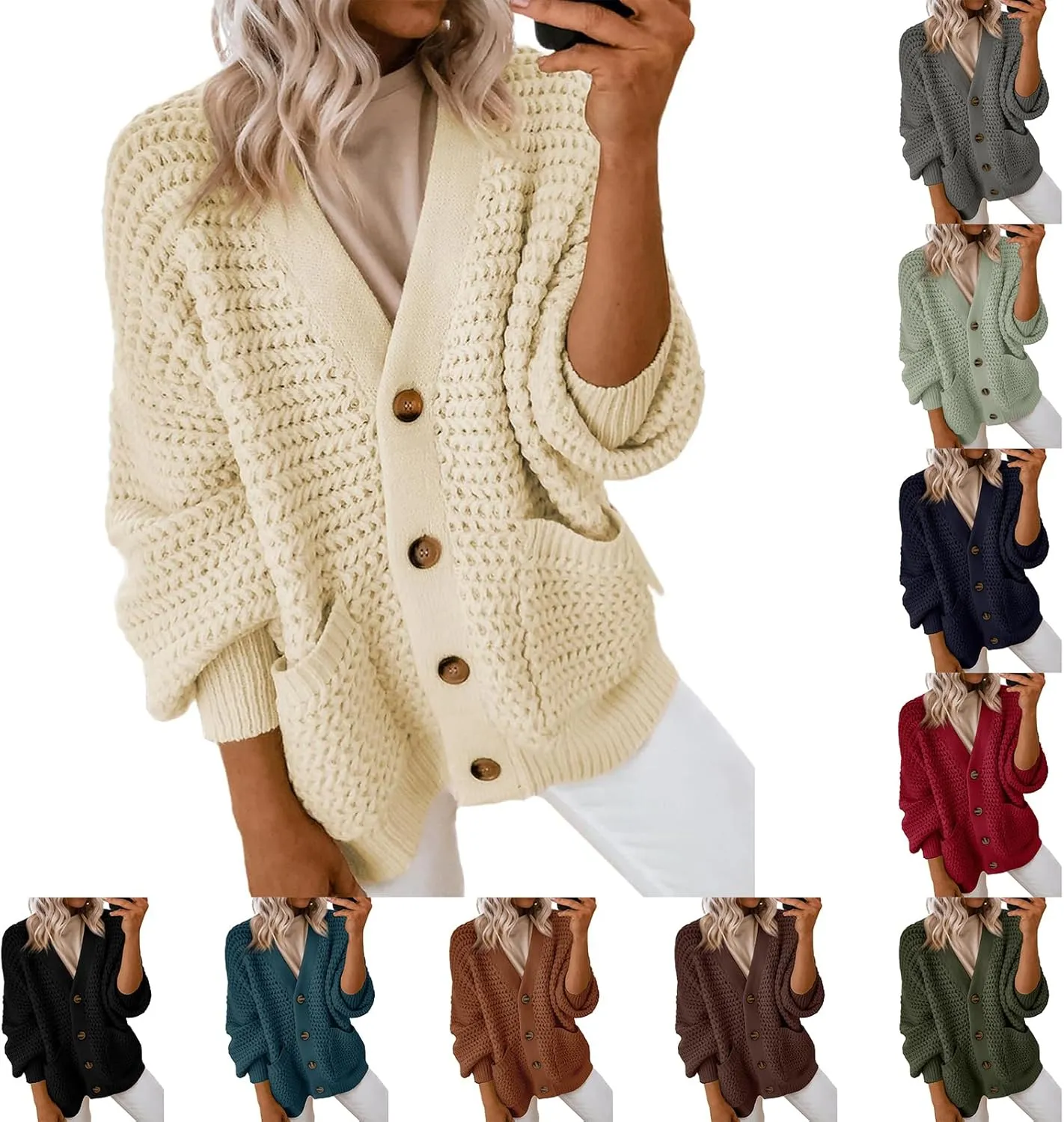 Womens Casual Long Sleeve Button Cardigan Sweaters Oversized Cable Knit Open Front Sweater Outwear Coat
