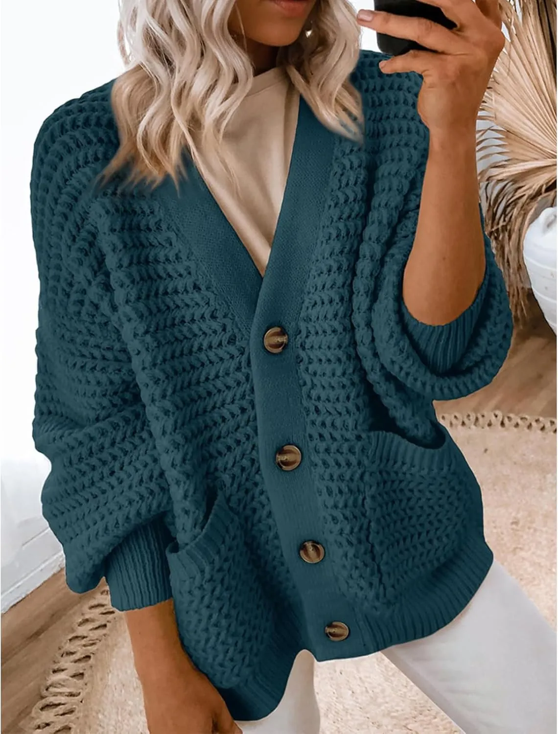 Womens Casual Long Sleeve Button Cardigan Sweaters Oversized Cable Knit Open Front Sweater Outwear Coat