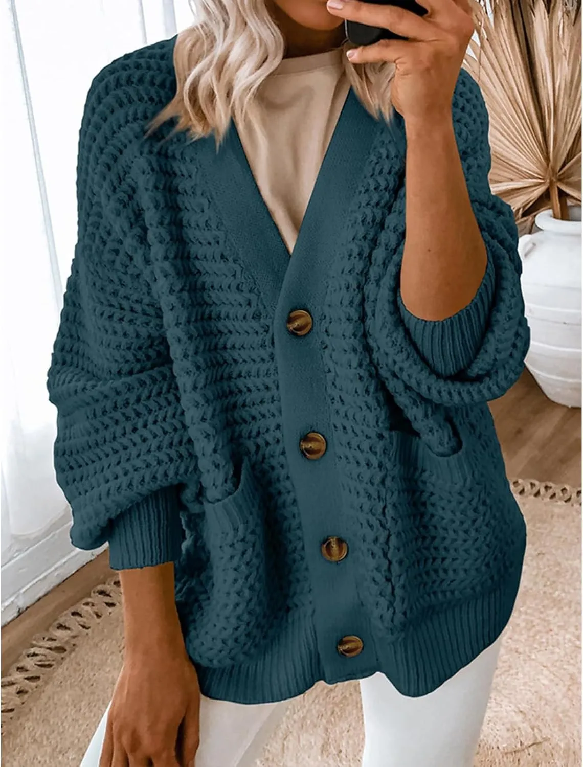 Womens Casual Long Sleeve Button Cardigan Sweaters Oversized Cable Knit Open Front Sweater Outwear Coat