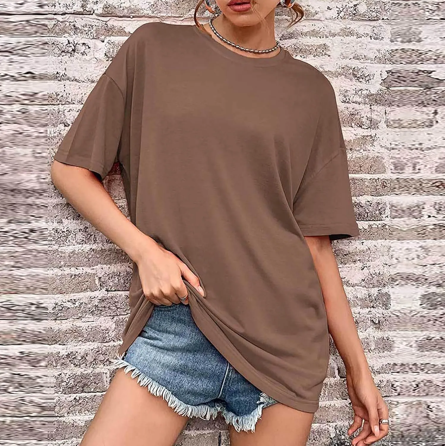 Women's Casual Oversized T-Shirts Summer Crewneck Short Sleeve Workout T Shirt Loose Plain Cotton Basic Tee Tops