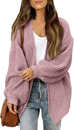 Women's Chunky Cardigan Sweaters 2024 Fall Cable Knit Open Front Sweater Lantern Sleeve Oversized Cardigan Outwear