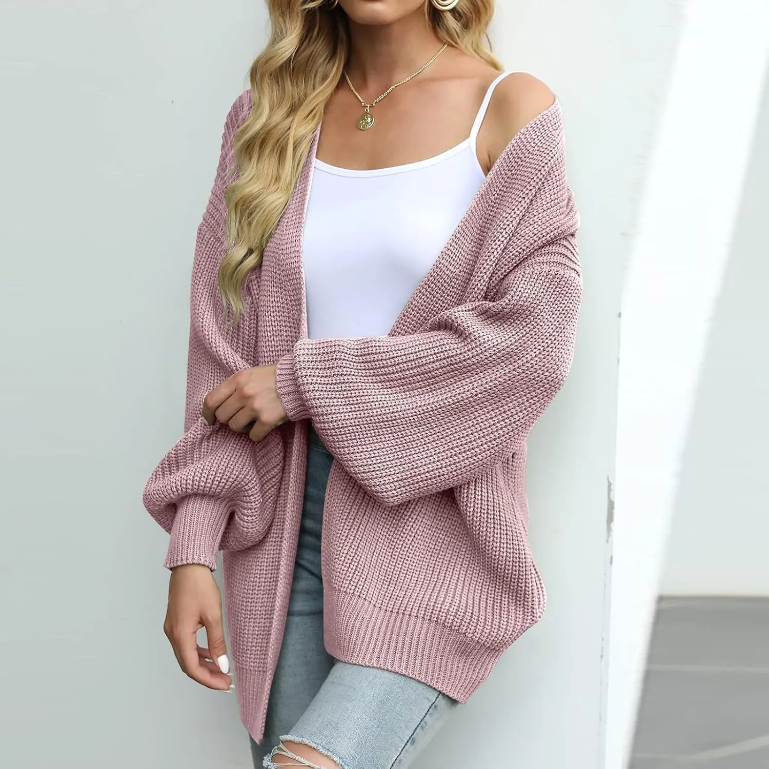 Women's Chunky Cardigan Sweaters 2024 Fall Cable Knit Open Front Sweater Lantern Sleeve Oversized Cardigan Outwear